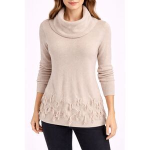 Harper Lane Long Sleeve Cowl Neck Fringe Accent Sweater Blush S